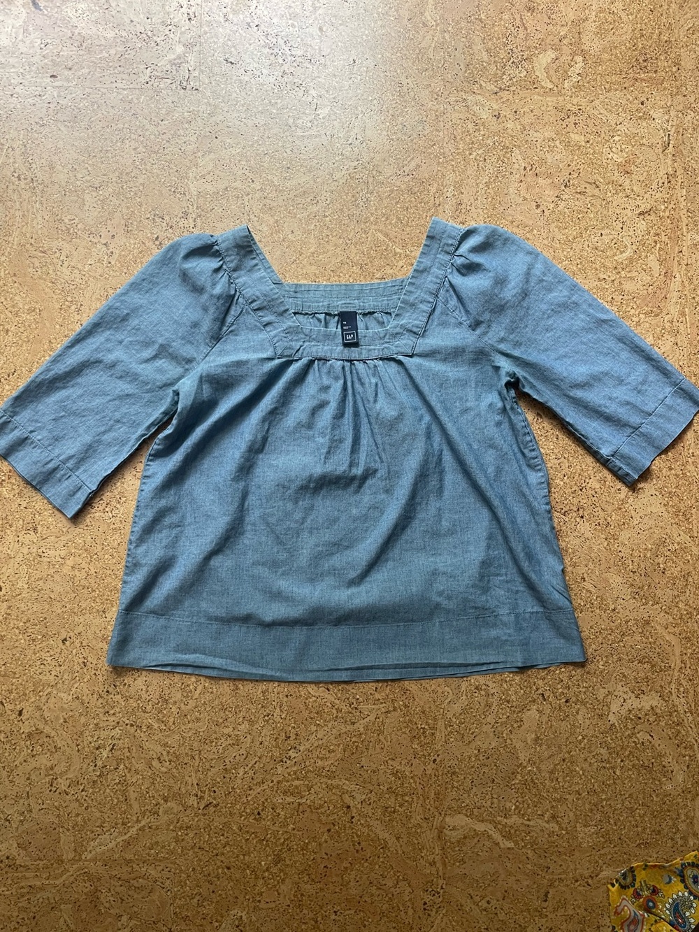2000s Gap Cotton Chambray Square Neck Top with Elbow Length Sleeves